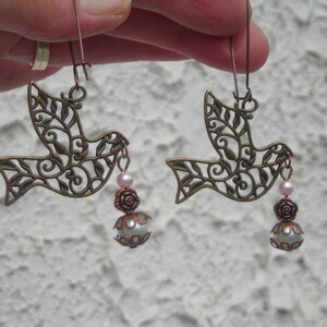 Clearance Sale EASTER DOVE PEACE openwork filigree long earrings w capped fx Pearl dangling image 2