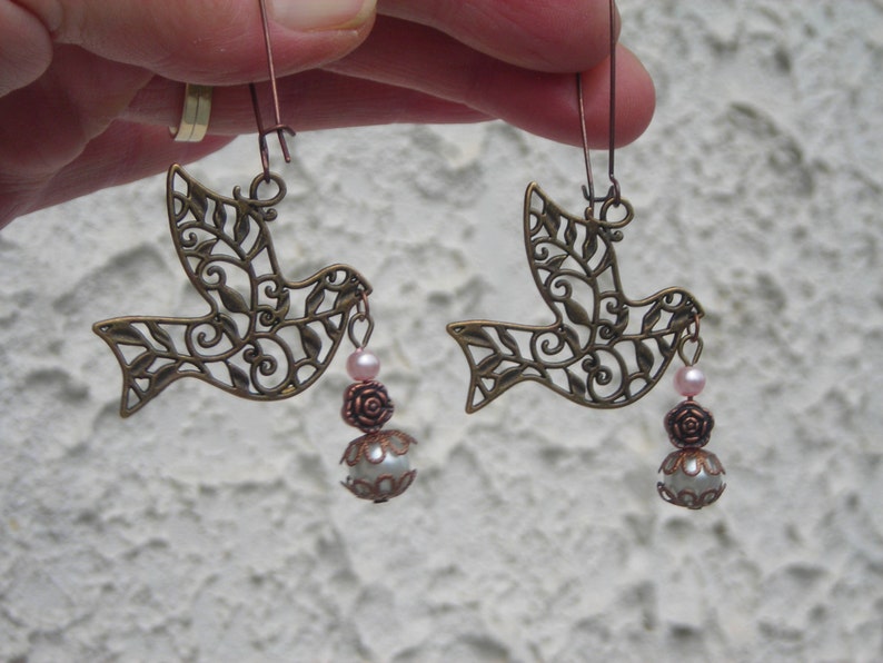 Clearance Sale EASTER DOVE PEACE openwork filigree long earrings w capped fx Pearl dangling image 2