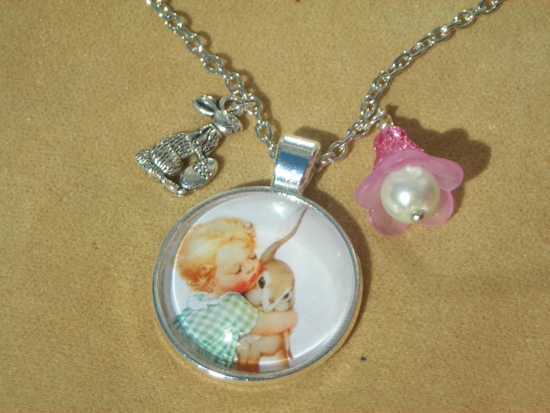 chain w rabbit charm and LILY charm EASTER Girl hugging RABBIT glass dome pendant /& silver t