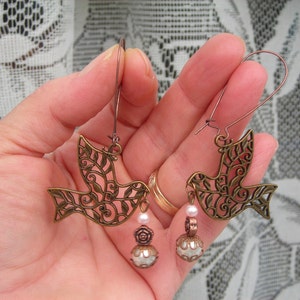 Clearance Sale EASTER DOVE PEACE openwork filigree long earrings w capped fx Pearl dangling image 1