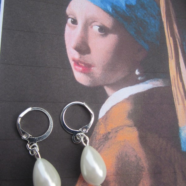 15% OFF! Birthday, Wedding- Gift for Her! My replica of Girl with a pearl earring by VERMEER: White Tear drop Czech Glass Pearl  Earrings