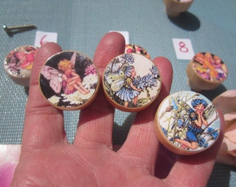 FLOWER FAIRIES Cicely M. Barker natural wood KNOBS with screws. Choice between 8 different images patterns