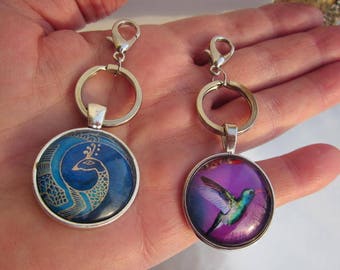 Low Price Gift, PURSE clip or Zipper/ Key Chain Glass cabochon : 5 Choices of Patterns! Dragonfly, Peacock, Tree of Life, Bird, Hummingbird