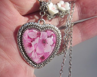 VALENTINE/MOTHERS DAY Heart shape glass cabochon Cherry Blossom pendant chain- Necklace w. Ceramic bisque rose : 3 Choices