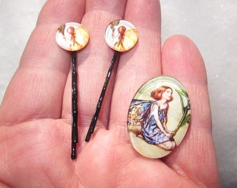 FLOWER FAIRIES Wing Girl by Cicely Mary Barker printed image glass cabochon Hair clips OR Bobby pins & brooch lot: 9 Choices.