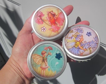 Handmade Ornated round TIN w. colorful images, crystal & pearl cabochon strand, 2.5'': Flower Fairies Cicely M. Barker!