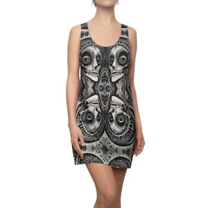 Skull Watercolor Racerback Dress, Halloween Costume, Day of the Dead Outfit, Women&#39;s Sleeveless Dress, Mexican Skull Print Clothing