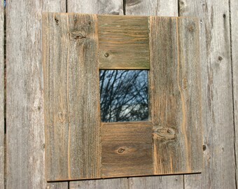 Rustic Natural Wood Accent Mirror. Handcrafted, reclaimed wood framed mirror. Distressed wood wall decor mirror.