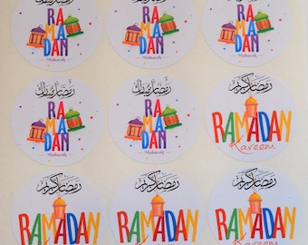 May include: A sheet of 15 round stickers with colorful Ramadan Kareem designs. The stickers feature Arabic calligraphy, lanterns, and colorful dots.