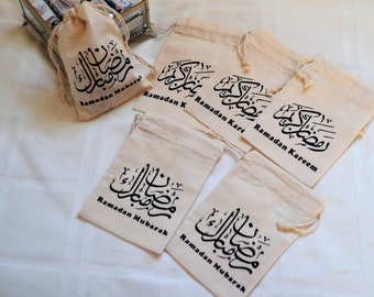 Set of 6 organic cotton Ramadan Mubarak gift bags, Ramadan Goodie bags, Ramadan gift bags, Ramadan kids favors and treats, Eid party supply