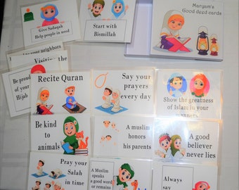 Ramadan kids gift, Set of 14 Islamic manners for children, Box of good deeds, Learning Islam, Good deed cards