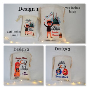 May include: Three different designs for Ramadan gift bags. The bags are made of natural fabric and feature colorful illustrations of children, mosques, and lanterns. The bags are available in two sizes: 4x6 inches and 7x9 inches.