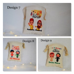 May include: Three different designs of small, white canvas bags with drawstring closures. Each bag features a colorful illustration of two children holding hands, with Arabic text and the words "Ramadan Mubarak" or "Eid Mubarak".
