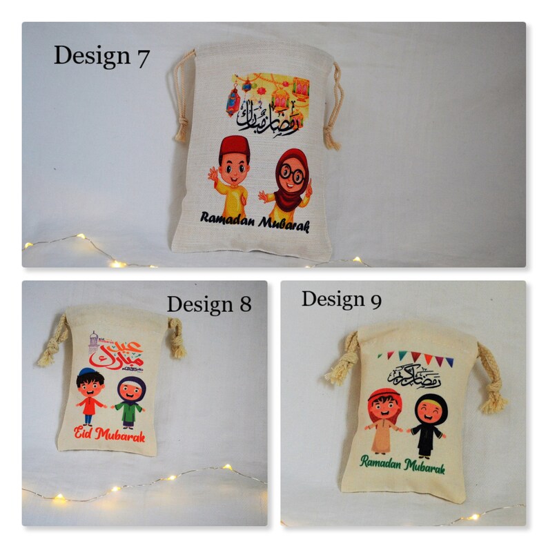 May include: Three different designs of small, white canvas bags with drawstring closures. Each bag features a colorful illustration of two children holding hands, with Arabic text and the words "Ramadan Mubarak" or "Eid Mubarak".
