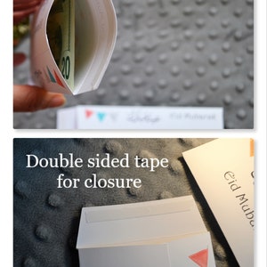 May include: White envelope with a blue and red triangle design. The envelope is folded and has double-sided tape for closure. The text "Eid Mubarak" is visible on the envelope.
