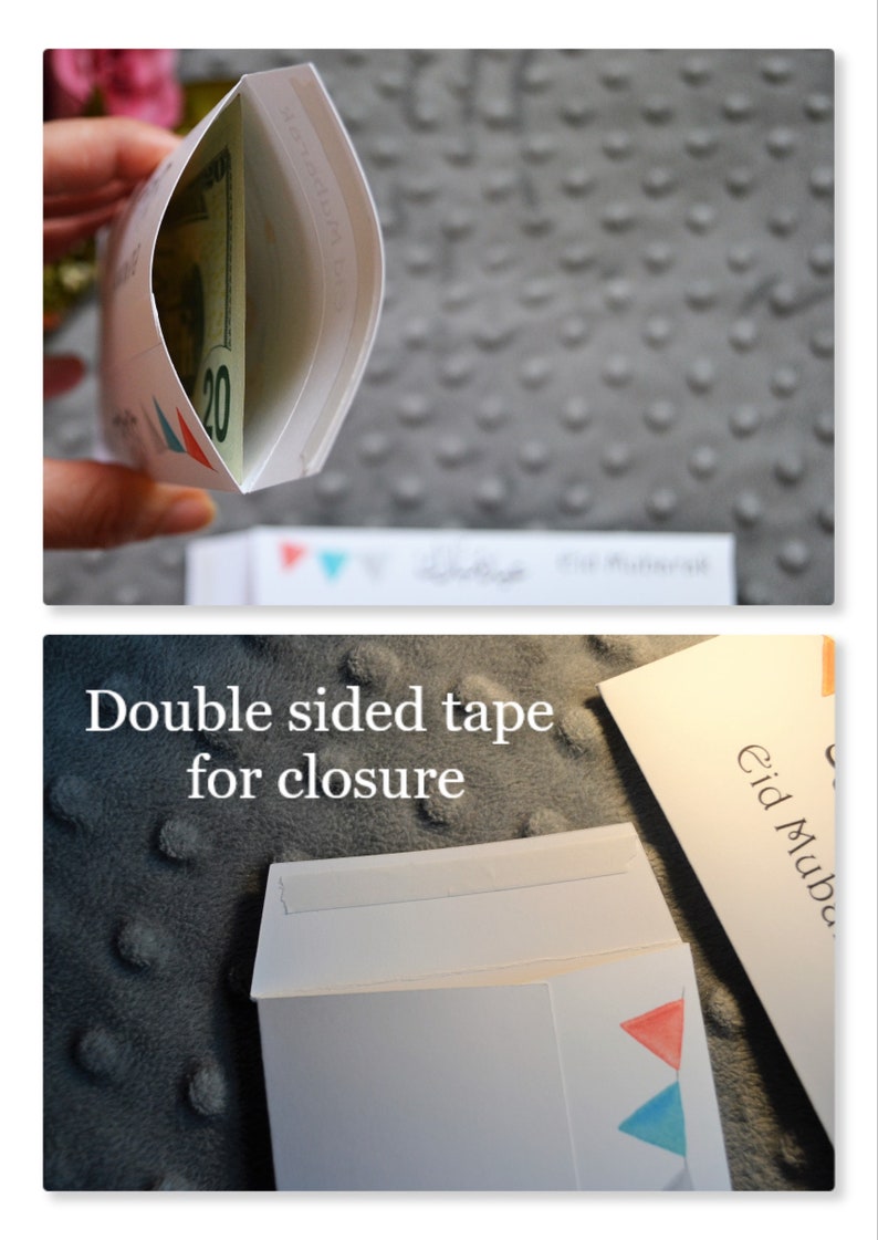 May include: White envelope with a blue and red triangle design. The envelope is folded and has double-sided tape for closure. The text "Eid Mubarak" is visible on the envelope.