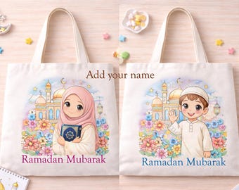 Ramadan kids fabric tote bag, 14x12"  Personalized Ramadan gift bag, Eid Goodie Bags, Ramadan Kids activity set, Ramadan decoration
