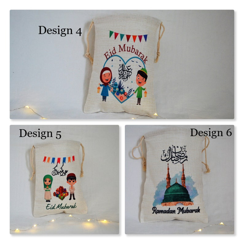 May include: Three different designs for small, white fabric drawstring bags. The first bag features a cartoon illustration of two children holding lanterns with the text "Eid Mubarak". The second bag features a cartoon illustration of two children with gifts and the text "Eid Mubarak". The third bag features a mosque with the text "Ramadan Mubarak".