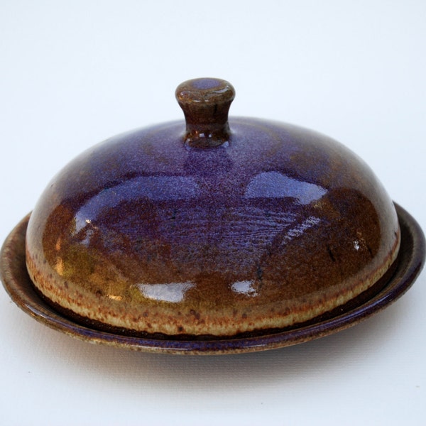 Light  Purple and Brown  Butter Dish Round shape. Purple Handmade Pottery Butter Dish with a Cover.  Dark ceramic butter dish with colors.