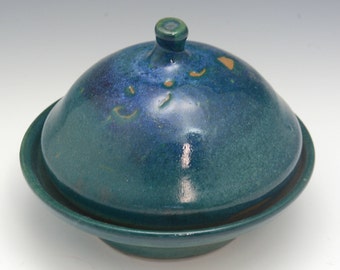 Small Handmade Butter Dish with Cover, ceramic butter dish turquoise and green color, handmade Elena Madureri.