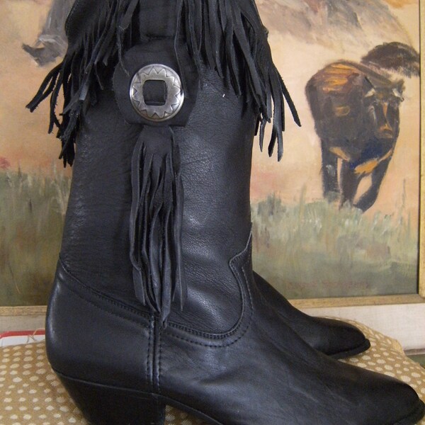 Vintage Womens Boots Black Fringed Cowboy Bikers Boho Western  Size 7
