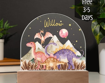Personalized Girl Dinosaur Night Light Dome Custom Name Kids Toddler Room Decor Baby Shower Gift