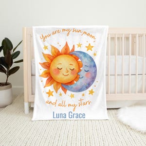 Personalized Baby Blanket Sun Moon Stars Celestial  Custom Name Nursery Decor