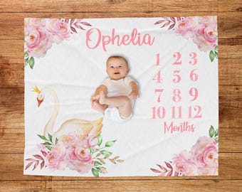Personalized Floral Swan Baby Milestone Blanket Monthly Photoshoot Prop Girl Room Gift