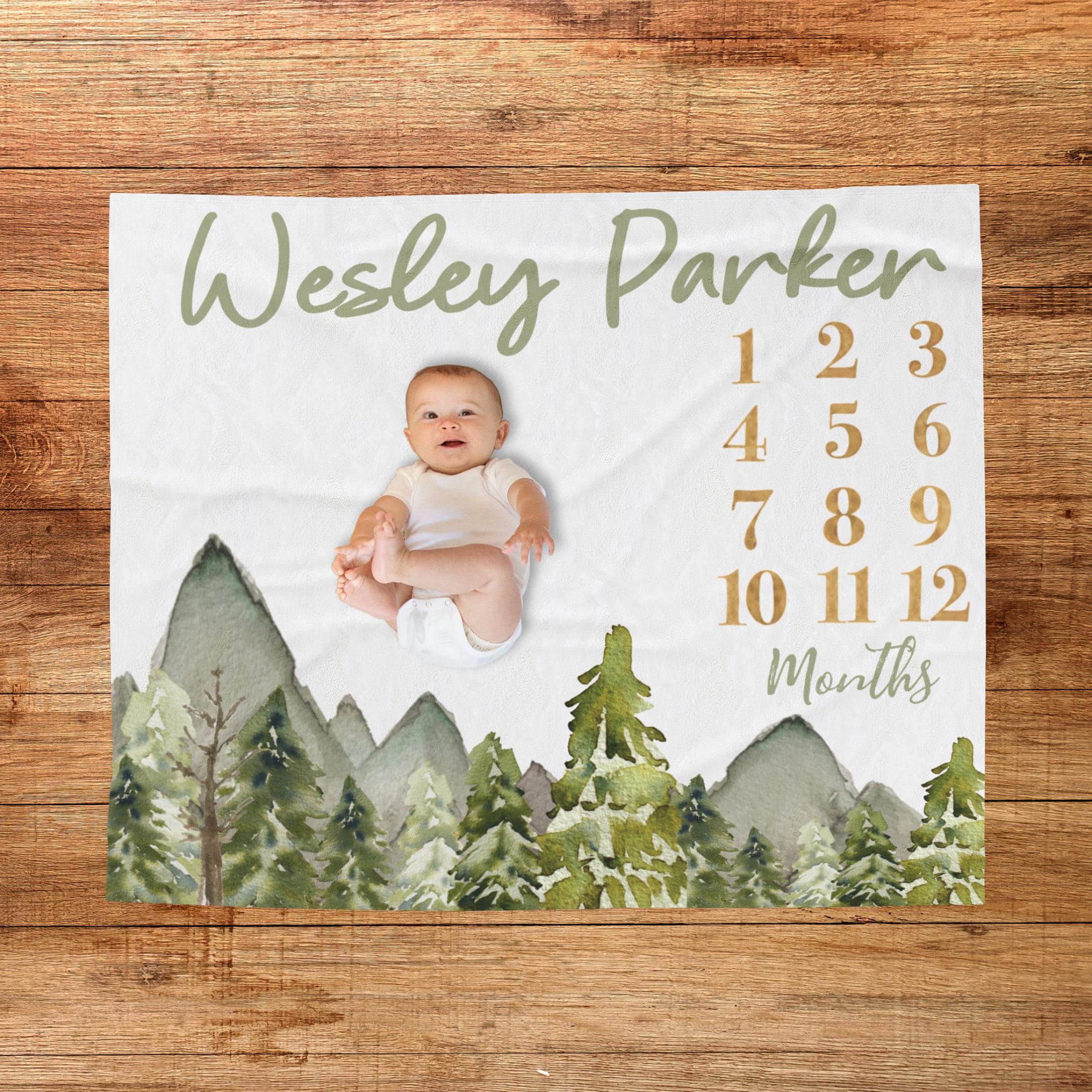 Personalized Baby Milestone Blanket Forest Theme Green Mountains Custom Name Nature Themed