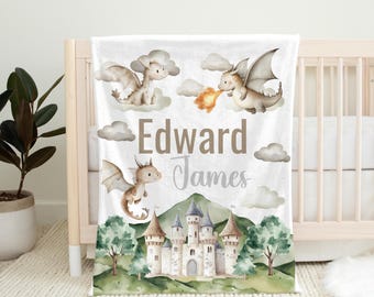 Personalized Baby Blanket Dragon Castle Theme Cute Dragons Name Blanket Nursery Decor