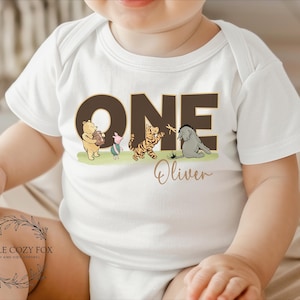 First Birthday Onesie® with Winnie the Pooh Characters | Custom Name Baby Bodysuit | Classic Pooh Cartoon Theme 1st Birthday Outfit