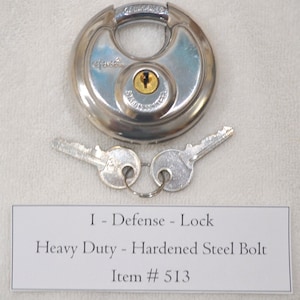 Defense Pad Lock, Item # 513, security lock, heavy duty lock, lock, pad lock, tools, farm tools, machinist tools, old tools, antiques