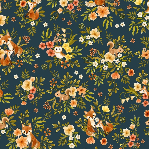 Foxy - Fox and Friends (Midnight) 53427-2 by Vivian Yiwing for Windham Fabrics