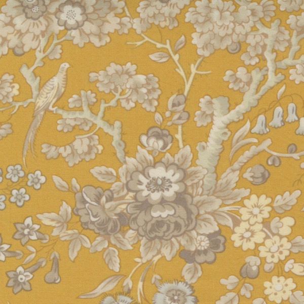 CLOSE OUT-Regency Somerset Blues-Glastonbury- Floral/Antique Birds (1/2 yard cut)(India Yellow) 42360 16 by Christopher Wilson Tate for Moda