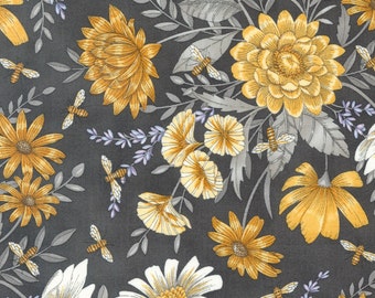 Honey &  Lavender - All Over Florals-Bees (Fat Quarter and 1/4 yard cut)(Charcoal) 56083 17 by Deb Strain for Moda Fabrics.