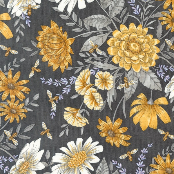 Honey &  Lavender - All Over Florals-Bees (Fat Quarter and 1/4 yard cut)(Charcoal) 56083 17 by Deb Strain for Moda Fabrics.