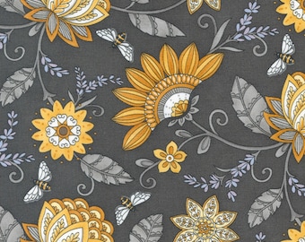 Honey &  Lavender - Garden Jacquard - Florals - Bees (Charcoal) 56080 17 by Deb Strain for Moda Fabrics.