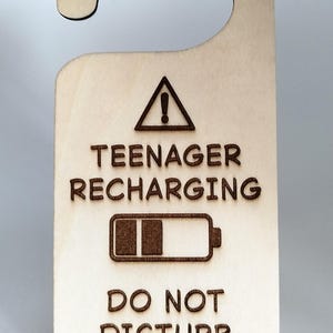 May include: Wooden door hanger with a cutout for the doorknob. The sign reads "TEENAGER RECHARGING DO NOT DISTURB" with a battery icon and an exclamation mark symbol. The text and symbols are dark brown.