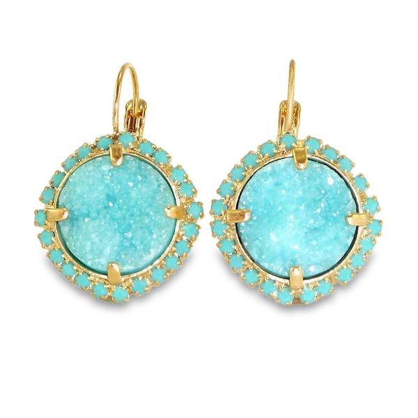 Turquoise Statement Earrings,Statement, Lever Back Dangle Earrings, Turquoise, Turquoise Druzy Earrings, Druzy Drop Earrings, Pave Earrings.