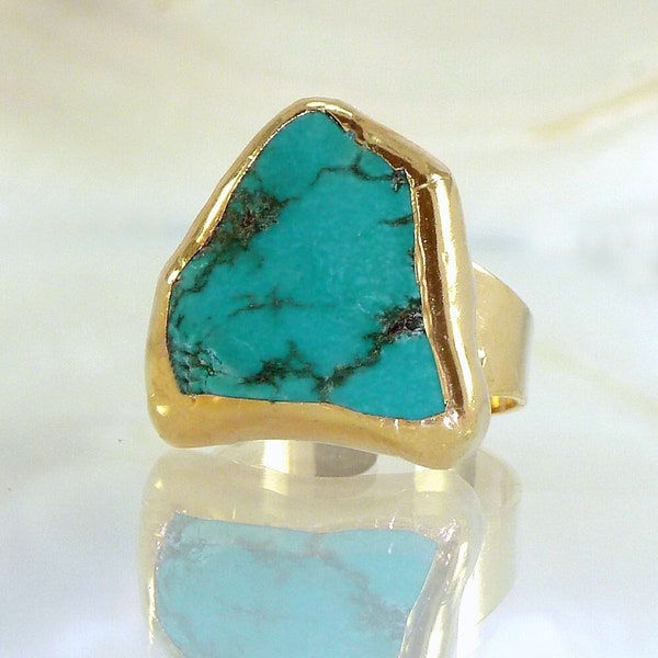 Raw Turquoise Ring, Turquoise Ring, Turquoise Gold Ring, Raw Stone Ring,  Gemstone Ring, December Birthstone Ring, Adjustable Band Ring.