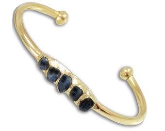 Raw Sapphire Cuff, Rough Sapphire Bracelet, September Birthstone, Blue Sapphire Cuff Bracelet, Gemstone Bracelet, Sapphire and Gold Cuff.