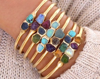 Personalized Bracelet, Gemstone Bracelet, Birthstone Bracelet, Raw Stone Bracelet, Gold Cuff Bracelet, Personalized Jewelry, Gemstone Cuff.