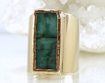 Raw Emerald Cocktail Ring: Gold Plated Adjustable Birthstone Ring