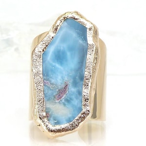 Gold Plated Raw Larimar Statement Ring - Adjustable