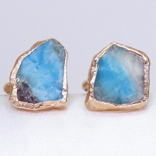 Anillo de compromiso de larimar crudo: chapado en oro o plata, anillo de bodas alternativo