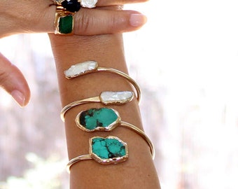 Turquoise Bracelet, Turquoise Cuff Bracelet, December Birthstone Bracelet, Statement Gold Cuff, Adjustable Cuff, Double Turquoise Cuff.