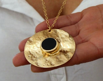 Black Onyx Gold Plated Pendant Necklace: Handmade Statement Jewelry