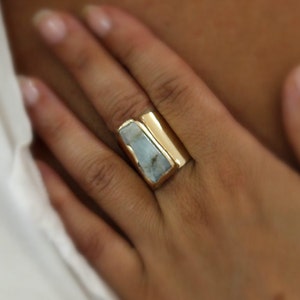 Aquamarina Ring, March Birthstone Ring, March Birthday Gift, Something Blue Bride Gift, Statement Tube Ring In Gold.
