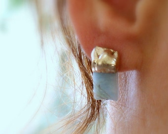 Raw Aquamarine Stud Earrings: Gold Plated March Birthstone