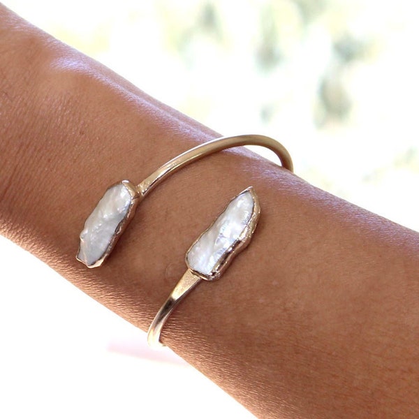 Gold Plated Pearl Cuff Bracelet: June Birthstone Wedding Jewelry
